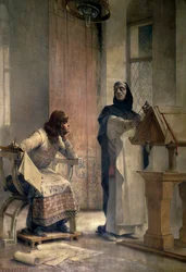 Louis IX (1214-1270), før han ble konge av Frankrike, studerte matematikk med Vincent de Beauvais (1190-1264), dominikanske bror, ved klosteret Royaumont. Maleri av Theobald Chartran (1849-1907). Paris, La Sorbonne