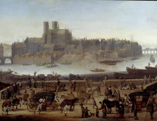 Kaien og Tournelle-broen i Paris Detalj. Utsikt over bryggene og øya La Cite. Maleri tilskrevet Theodor Matham (1606-1676) 1646 Paris, Carnavalet museum