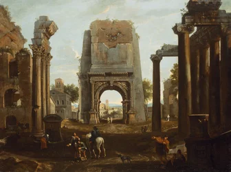 En Capriccio av romerske ruiner med Titusbuen og figurer (olje)