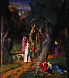 The Decameron, The Garden of the Villa (olje på panel)