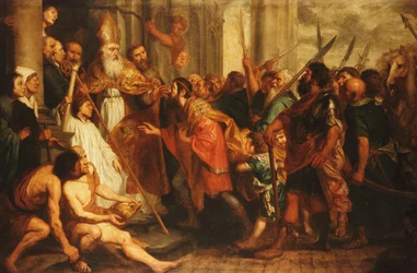 Saint Ambrose, biskop av Milano, nekter keiser Theodosius adgang til katedralen i Milano