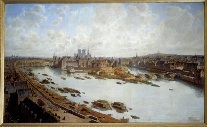 Panoramautsikt over Paris og Île de la Cité i 1588 fra takene på Louvre, Pont Neuf under bygging, maleri av Théodore Joseph Hubert Hoffbauer (1839-1922), 1890