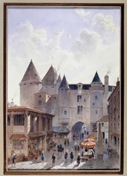 Utsikt over Grand Chatelet fra Rue Saint Denis i Paris Akvarell av Theodor Joseph