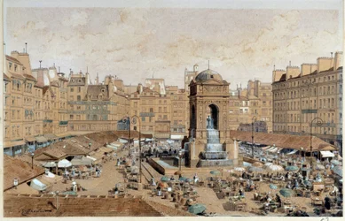 Utsikt over Marche og De uskyldiges fontene i Paris på 1800-tallet. Akvarell av Theodore Joseph Hubert Hoffbauer (1839–1922) Paris fra 1800-tallet, Musée Carnavalet