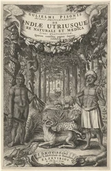 To menn og ville dyr foran en skog Tittelside for: Indiae Utriusque, 1658