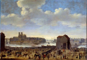Utsikt over Quai og Pont de la Tournelle, Ile de la Cite og Ile Saint Louis i Paris rundt 1646 Maleri av Theodor Dirck Matham (1606-1676) 1646 Dim. 1,0 x 1,41 m Paris, Musee Carnavalet
