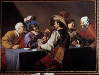 Kortspillere, brelan-maleriet av Theodore Rombouts (1597-1637) 1600-tallets søn. 1,52x2,06 m Antwerpen. Koninklik Museum - Kortspillerne, "" brelan"". Maleri av Theodore Rombouts (1597-1637)