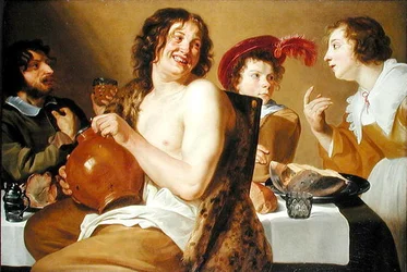 Figurer som spiser og drikker rundt et bord