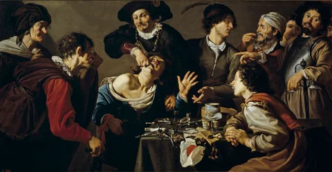 Le charlatan - Kvaksalveren av Theodore Rombouts (1597-1637)