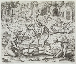 Kannibaler i Darien, Panama, fanger spanjoler, fra #39;Newe Welt und Americanische Historien#39; av Johann Ludwig Gottfried, utgitt av Mattaeus Merian, Frankfurt