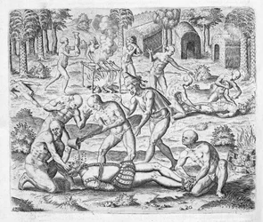 Massakren av kristne misjonærer nær Cumana, Venezuela, fra #39;New World and American Histories#39; av Johann Ludwig Gottfried, utgitt av Mattaeus Merian, Frankfurt