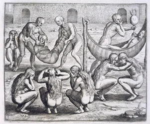 Tupinamba-sjefen og hans familie blir syke mens Hans Staden holdes fanget, fra #39;Newe Welt und Americanische Historien#39; av Johann Ludwig Gottfried, utgitt av Mattaeus Merian, Frankfurt