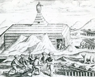 Bjørnejegere, illustrasjon fra #39;India Orientalis#39; 1598 (gravering)