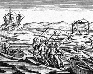 Bygging av et hus for vinteren på Nordpolen, ca. 1600 (gravering)