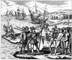 Kristoffer Columbus (1451-1506), genovesisk oppdagelsesreisende, oppdager Amerika - 12. mai 1492. Etter en gravering av Théodore de Bry, 1590.