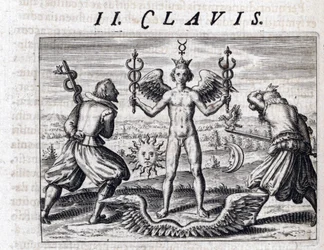 Symbolsk komposisjon av alkymi: en naken ung mann, med vinger og krone, svinger to caduceer, omgitt av Månen og Solen, overfor væpnede menn med sverd som bærer en ørn og en slange - gravering av Theodor de Bry (1528-1598), til avhandlingen om alkymi