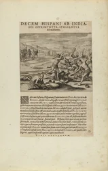 Ti spanjoler blir undertrykt, ranet og myrdet av indianerne. (fra boken Americae, del syv og åtte)