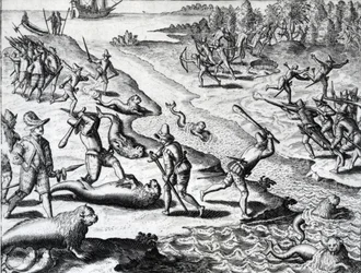 Ekspedisjonen til Thomas Cavendish fra «Americae» av Theodor de Bry, ca. 1593 (gravering)