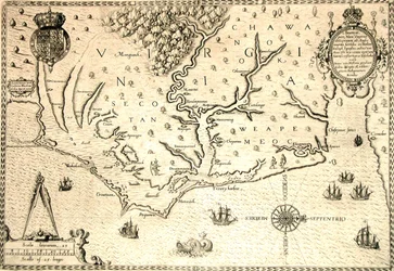Kart over 1590 gravert av Theodore de Bry etter akvarell av den engelske kolonisten John White, guvernør i Roanoke. Virginia og kysten med små øyer og Roanoke ved munningen av elven. Secotan og Weapemeocs hjemland.