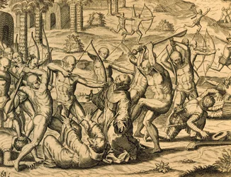Martyrium av misjonærmunker i Sør-Amerika, gravering fra Historia americae, av Theodor de Bry (1528-1598), Frankfurt