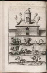 En alkymiovn og symbolske alkymidyr - Gravering av Theodore de Bry (1528-1598), for avhandlingen om alkymi ""Tripus avreus, hoc est, Tres tractatus chymici selectissimi"" av Michael Maier (1569 -1622)