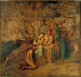 Fredsallegorisk representasjon med mor og barn og flokker. Maleri av Cour des comptes-trappen av Theodore Chasseriau (1819-1856) 1800-tallet Sun. 3,4x3,6 m