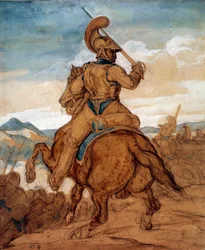 Carabinier eller cuirassier på hesteryggen Akvarell, gouache, vask av Theodore Gericault (1791-1824) 1800-tallet Søn. 0,25x0,22 m Paris, musee du Louvre