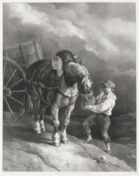 Gutt som gir havre til en hest som er spent foran vognen (A Boy Giving Oats to a Hitched Horse)