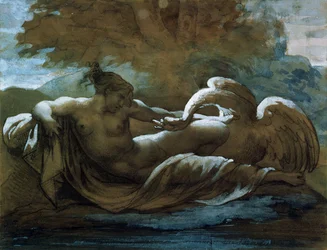 Leda og svanen (svart kritt og akvarell)