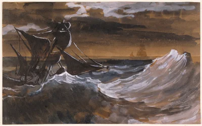 Sailboat on a Raging Sea, ca. 1818-9 (pensel og brun vask, akvarell over svart kritt)