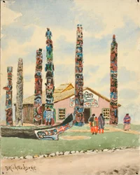 Alaska-bygning med totemer på St. Louis Exposition