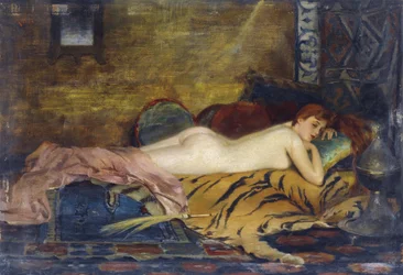 Liggende naken - Theodore Jacques Ralli (Theodoros Rallis) (1852-1909). Olje på tre Dimensjon : 24x35 cm Privat samling