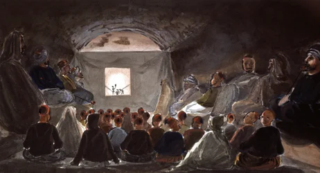 Dukketeaterforestilling på en skole i Algerie, ca. 1830 (akvarell)