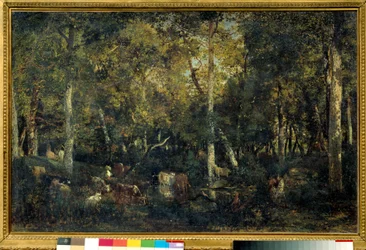 Treinteriør kalt Old Dormitory of Bas-Breau (Fontainebleau-skogen) Maleri av Theodore Rousseau (1812-1887) 1836 Søn. 0,65x1,03 m Paris, Orsay-museet