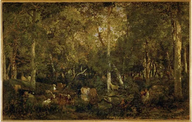 quot;Den gamle sovesalen i Bas-Breauquot;, en del av Fontainebleau-skogen (maleri på lerret)