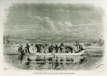En båt på elven Hue (Vietnam), tegning av Th. Weber, for å illustrere historien om åtte dager med ambassade i Hue (Kingdom of Annam), i 1875, av Mr. Brossard de Corbigny, løytnant (N), knyttet til oppdraget. Gravering i Le tour du monde