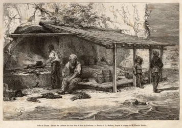 En tunfiskehytte i Proelucca-bukten, Fiume-bukten (eller Rijeka, Istria), tre av fiskerne sover fortsatt, pakket inn i tepper, en annen skal utstyre og erstatte utkikk, en annen skal klargjøre kjøkkenet og mosen vandrer kl. foten o