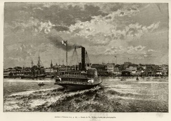 Ankomst til Victoria, Canada. Gravering av Th.Weber, for å illustrere historien ""Transcanadien and Alaska"" av E.Cotteau, i 1890, i Le tour du monde, nouveau journal des voyages, redigert av Edouard Charton (1807-1890), 2. semester 1891 , utgave Hachet