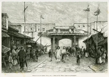Canton Street Gate i Hanoi. Gravering av Th. Weber, fra et fotografi, for å illustrere historien Trente mois au Tonkin i 1884, av Doctor Hocquard, i tour du monde 1889, under ledelse av Edouard Charton (1807-1890), Hachette, Paris.