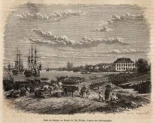 La rade de Saigon, gravering etter en tegning av T. Weber, som illustrerer reisen til Cochinchina, av doktor Morice, i 1872, publisert i "" Le tour du monde""" 1875, redigert av Edouard Charton, Hachette-utgaven, Paris. Selva samling.