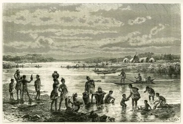 Livet på bredden av Zambeze-elven, marutsene er veldig opptatt av rensligheten deres, og vasking for dem er en aktivitet av første nødvendighet. Gravering av Th. Weber, for å illustrere historien «Au pays des Marutses», i 1875-1879, av Dr. Emile Holu
