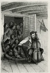 Portrett av den reisende forfatteren, spiller cello og tiltrekker et publikum av nysgjerrige. Gravering av Th.Weber, for å illustrere historien "" Les Iles Wallis"", av Dr. Emile Deschamps, legemajor ved det 80. infanteriet. Publisert i Le Tour du monde, n