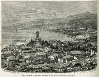 Byen Jalta, hentet fra Massandra, tegning av Th.Weber, for å illustrere historien Fire måneder i Russland, i 1876, av F. De Mely. Gravering i Le tour du monde