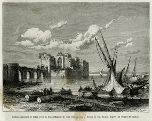 Det maritime slottet i Sidon før bombardementet i 1840. Gravering av Th. Weber, for å illustrere historien La Syria d'aujourd'hui, av M.Lortet, dekan ved Det medisinske fakultet i Lyon, med ansvar for et vitenskapelig oppdrag fra departementet for 