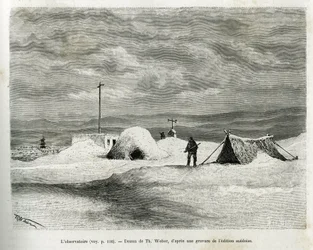 Det meteorologiske observatoriet ble installert i Koljutschin-bukten (polarsirkelen), mens skipet La Vega ble fanget i isen og mannskapet forberedte seg på overvintring. Gravering av Th.Weber, for å illustrere historien "" reise til Vega rundt Asia a