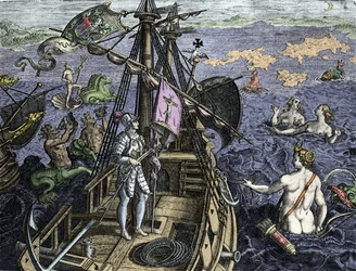 Allegorie des voyages de Christopher Columbus (1451-1506), gravering fra "Historia America sive Novi Orbis" av Theodor de Bry (1527-1598), Amsterdam 1594