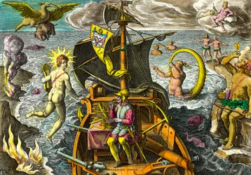 Allegorie på reisene til navigatøren Fernand de Magellan (1480-1521), skildrer på skipet hans ved hjelp av en armillarkule og omgir mytologiske karakterer og fantastiske dyr. Gravering fra "Admirante Narratio Americae"" av Theodore de Bry (1528-159)