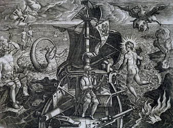 Allegori over reiser til Ferdinand Magellan (1480-1521), gravering av Theodor de Bry (1528-1598)