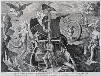 Allegori om reisene til Ferdinand Magellan (1480-1521), av Theodor de Bry (1528-1598)