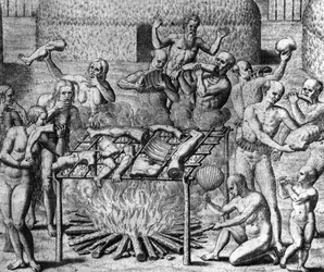 Anthropophage Meals: Cannibales in Brazil - i "The Wonderful Tale of America" av Théodore de Bry